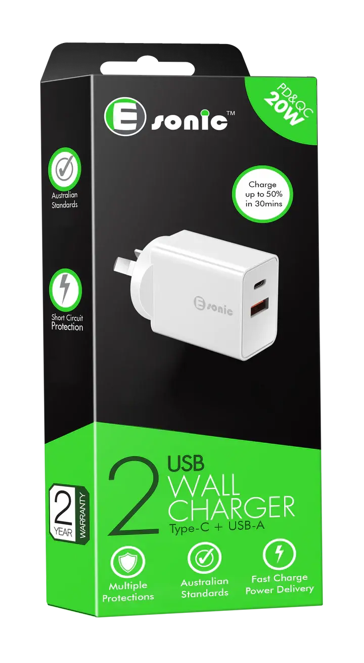 2 USB Charger with Type-C + USB-A 20W