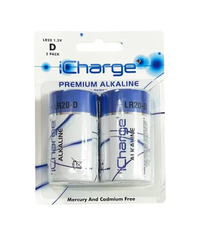 2PK iCharge Premium Alkaline D Size Batteries