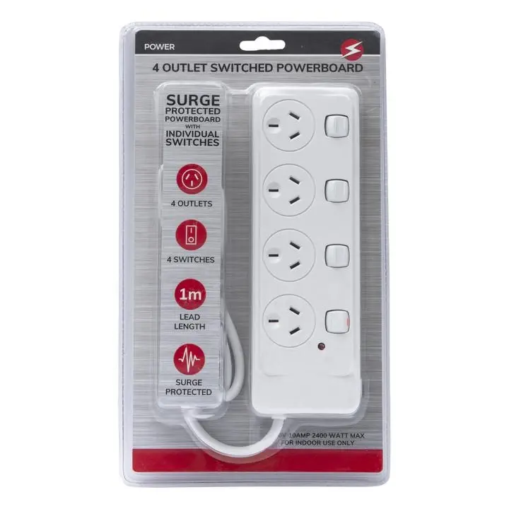 4 Outlet Powerboard With Surge Protection and Switches