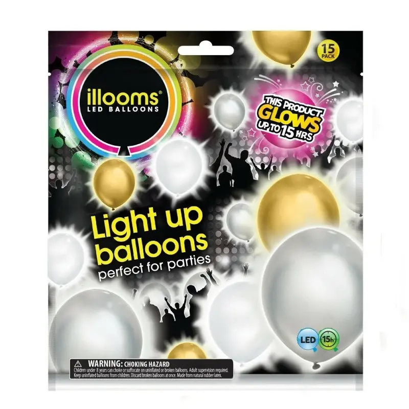 illooms Light-Up LED Balloon 15 Pack – Gold/Silver/White