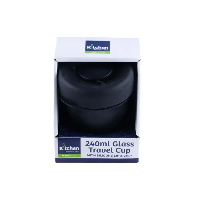 Travel Mug Glass Black Lid & Black Grip 240mL