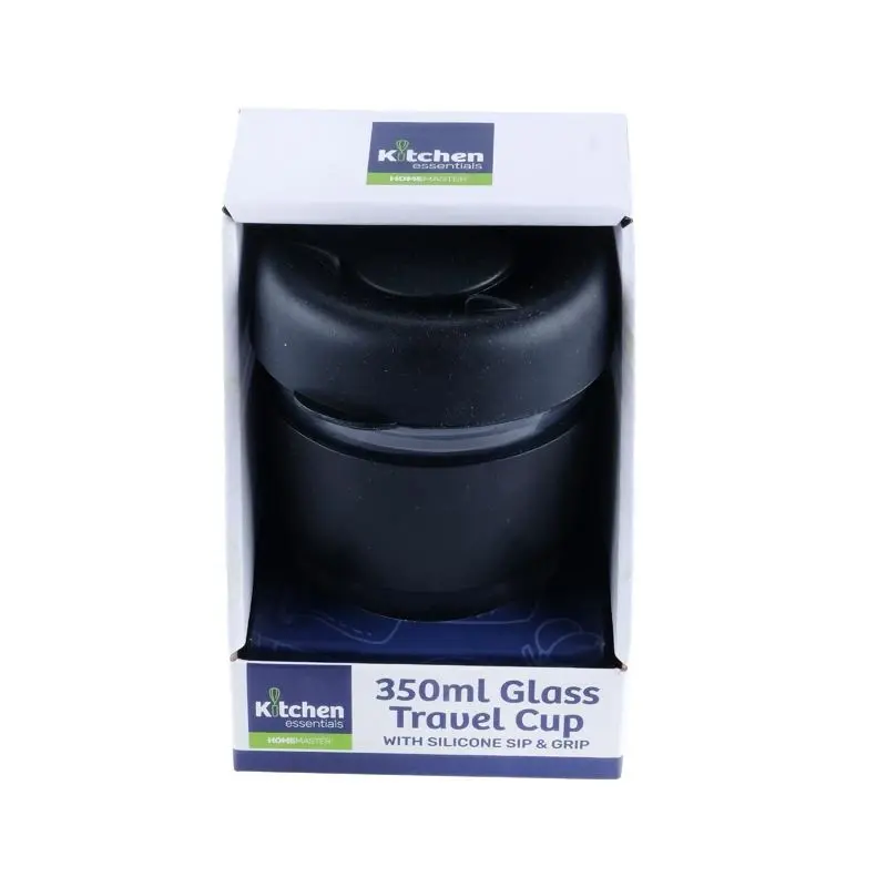 Travel Mug Glass Black Lid & Black Grip 350mL