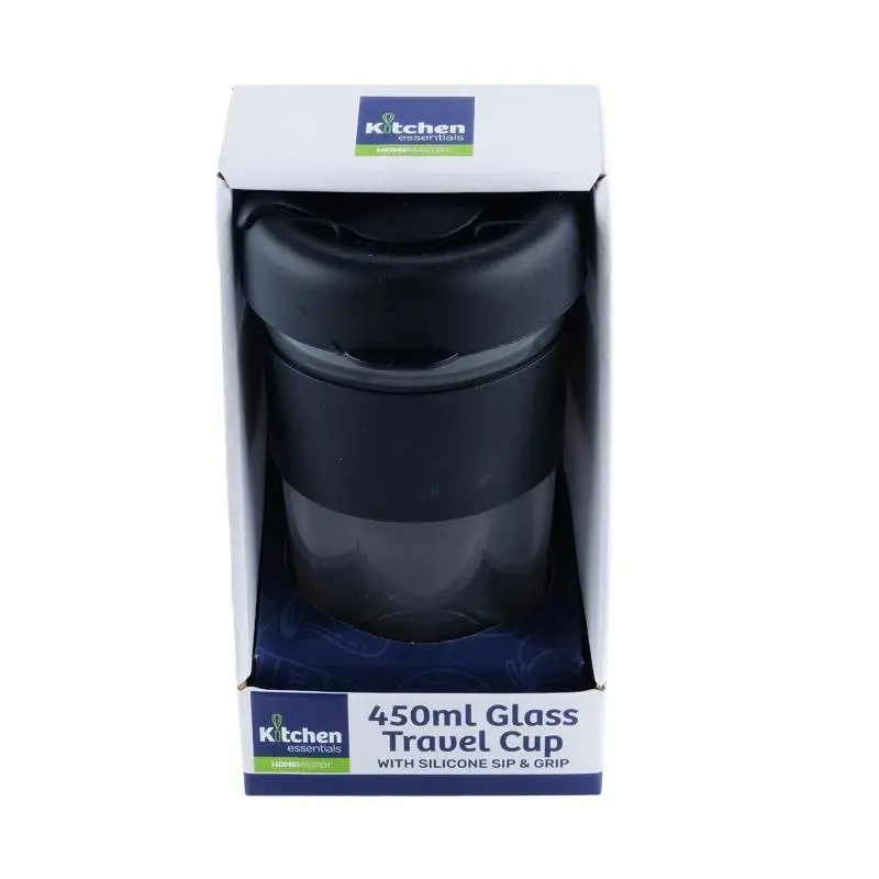 Travel Mug Glass Black Lid & Black Grip 450mL