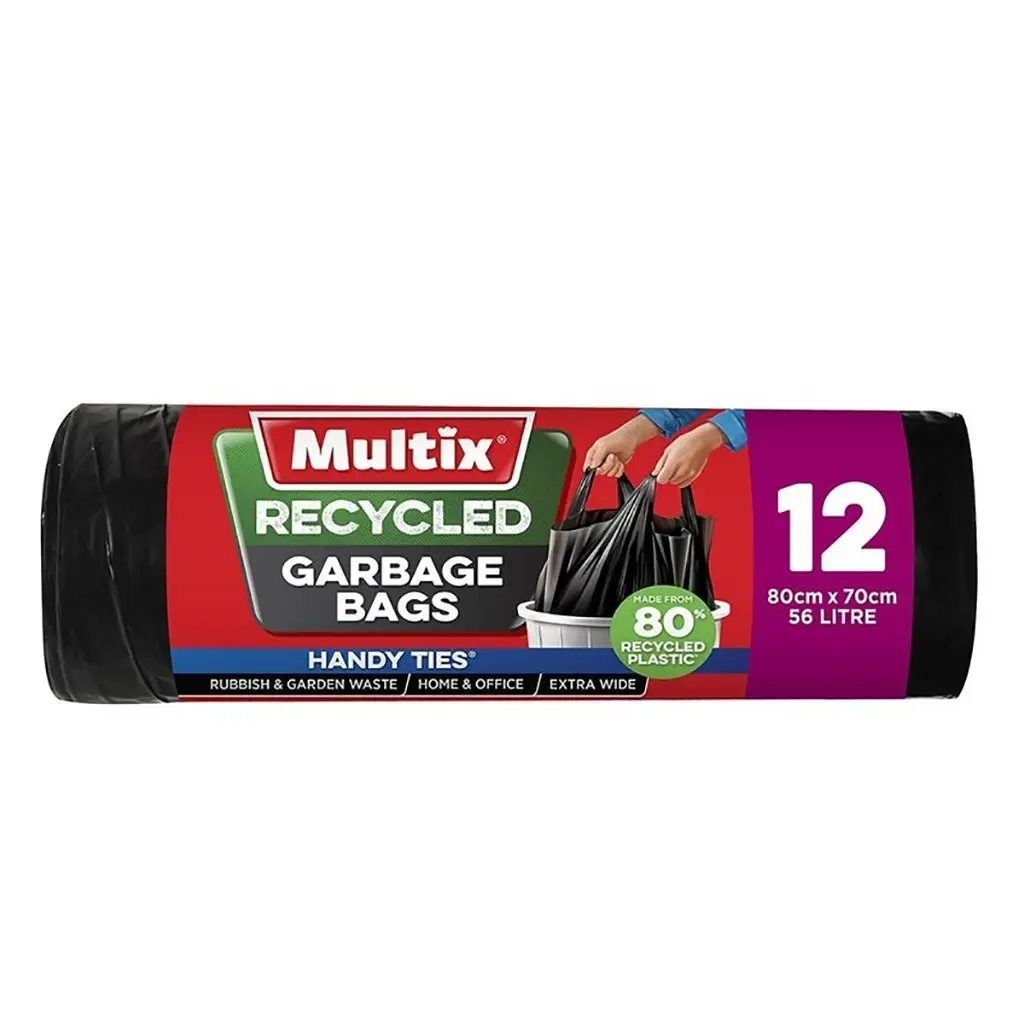 Multix Recycled Garbage Bags With Handy Ties – 56L – 80x70cm – 12 Pack